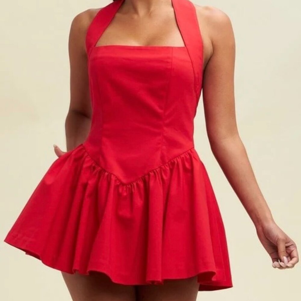 LUXXEL Red Halter Ruffle Skirt Open Back Dress with Pockets Women's size S